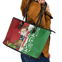 Meri Kirihimete New Zealand Leather Tote Bag Cute Santa NZ Animals and Pohutukawa LT14 - Polynesian Pride