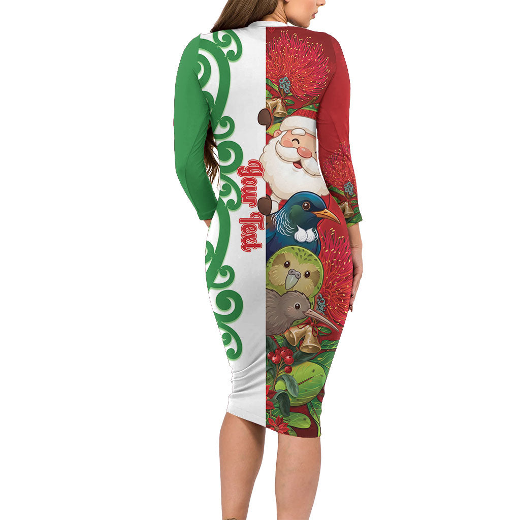 Meri Kirihimete New Zealand Personalised Long Sleeve Bodycon Dress Cute Santa NZ Animals and Pohutukawa LT14 - Polynesian Pride