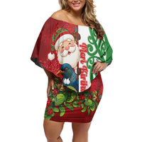 Meri Kirihimete New Zealand Personalised Off Shoulder Short Dress Cute Santa NZ Animals and Pohutukawa LT14 Women Red - Polynesian Pride