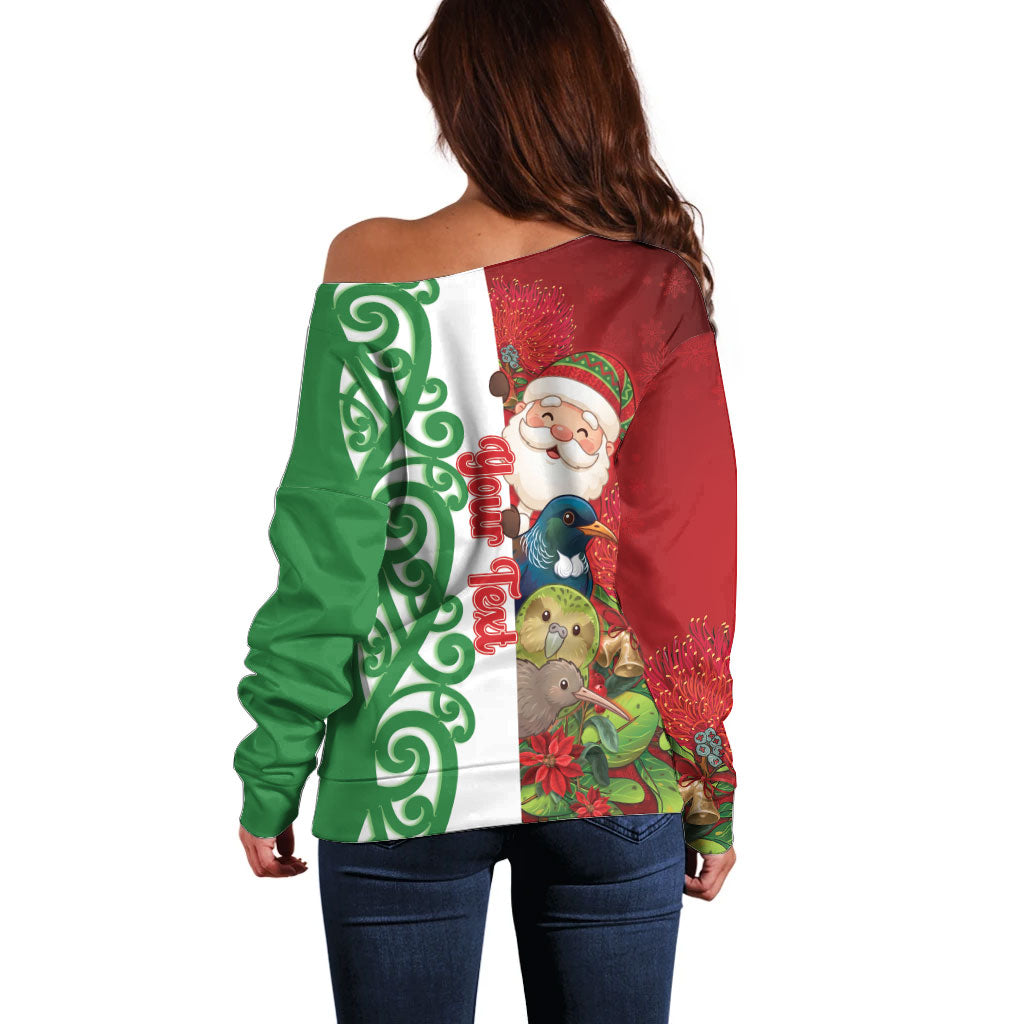Meri Kirihimete New Zealand Personalised Off Shoulder Sweater Cute Santa NZ Animals and Pohutukawa