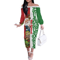 Meri Kirihimete New Zealand Personalised Off The Shoulder Long Sleeve Dress Cute Santa NZ Animals and Pohutukawa LT14 Women Red - Polynesian Pride