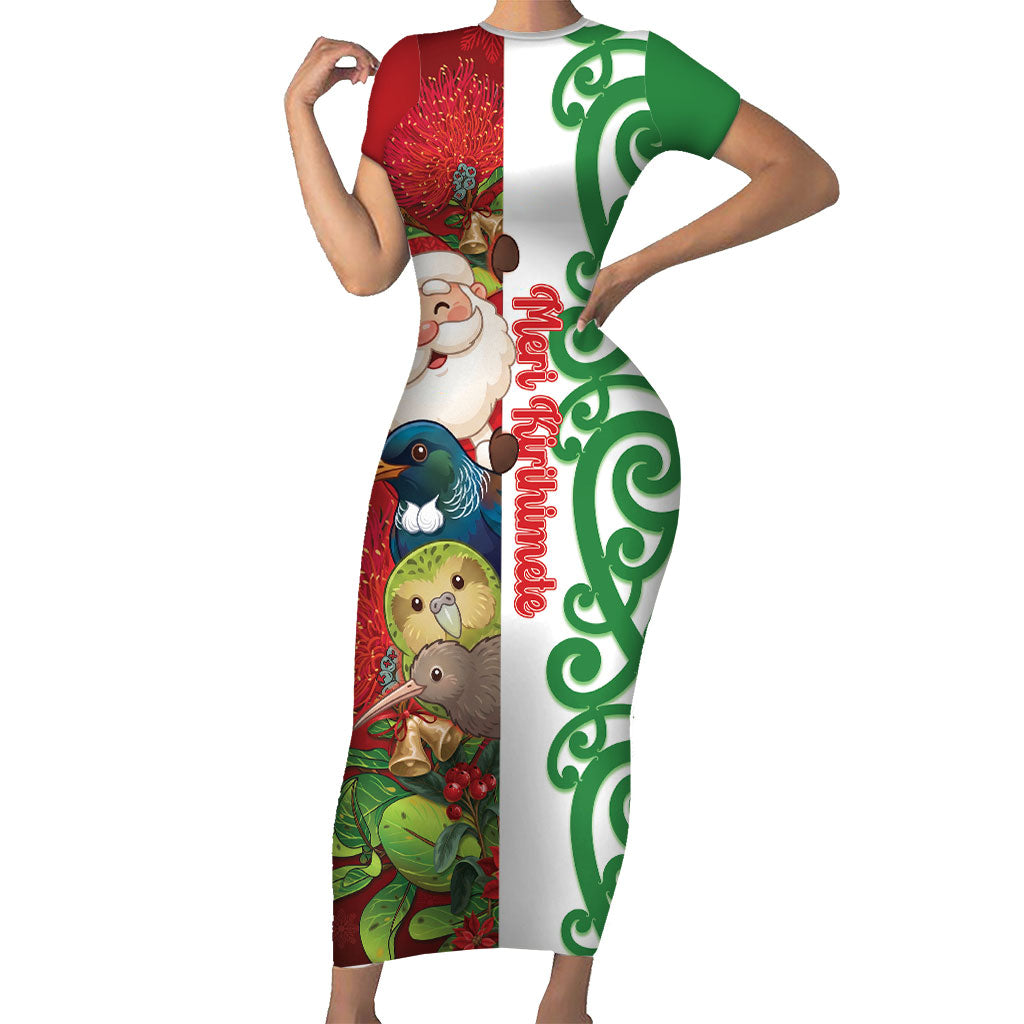 Meri Kirihimete New Zealand Personalised Short Sleeve Bodycon Dress Cute Santa NZ Animals and Pohutukawa LT14 Long Dress Red - Polynesian Pride