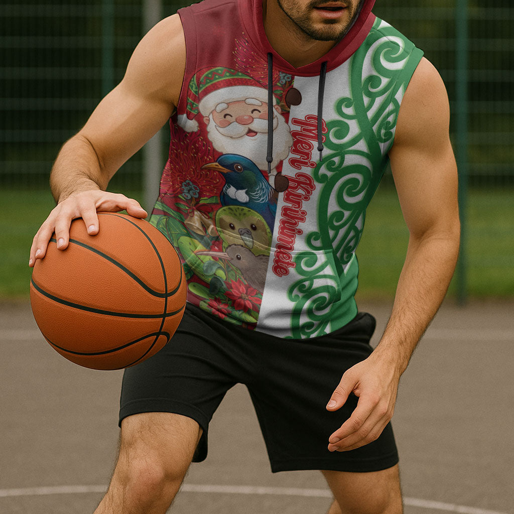Meri Kirihimete New Zealand Personalised Sleeveless Hoodie Cute Santa NZ Animals and Pohutukawa LT14 - Polynesian Pride