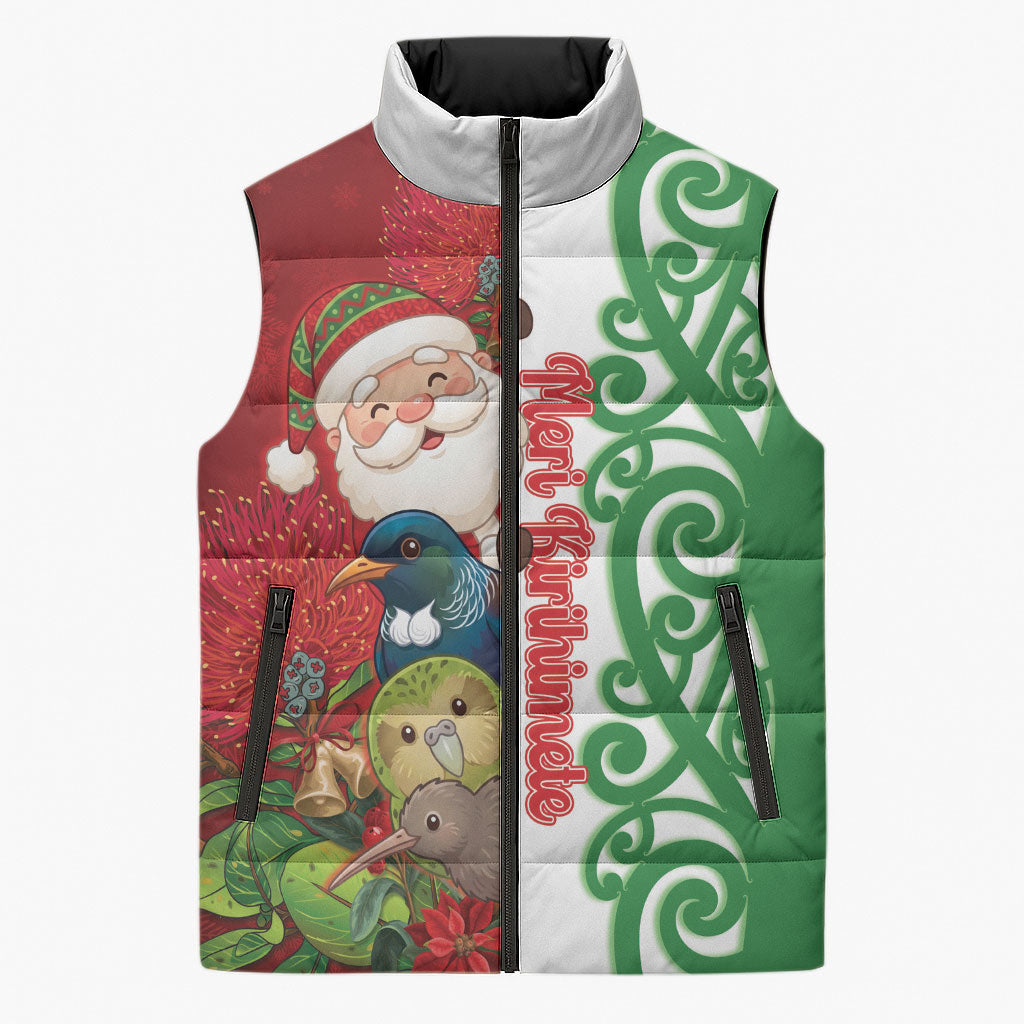 Meri Kirihimete New Zealand Personalised Sleeveless Puffer Jacket Cute Santa NZ Animals and Pohutukawa
