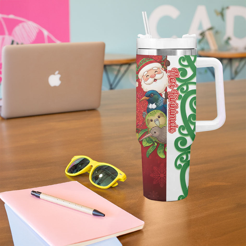 Meri Kirihimete New Zealand Personalised Tumbler With Handle Cute Santa NZ Animals and Pohutukawa LT14 - Polynesian Pride