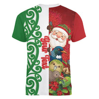Meri Kirihimete New Zealand Personalised Women V-Neck T-Shirt Cute Santa NZ Animals and Pohutukawa LT14 - Polynesian Pride