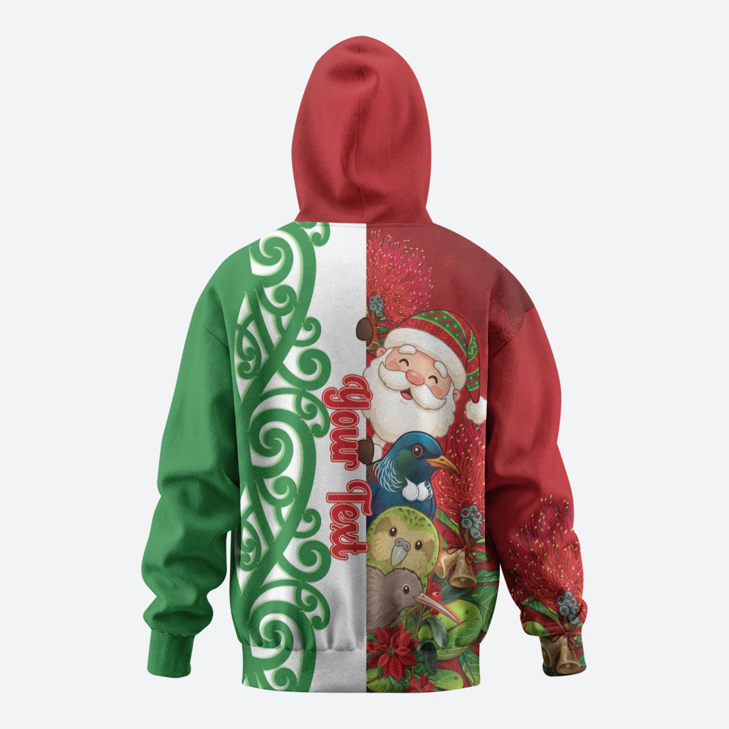Meri Kirihimete New Zealand Personalised Zip Hoodie Cute Santa NZ Animals and Pohutukawa LT14 - Polynesian Pride