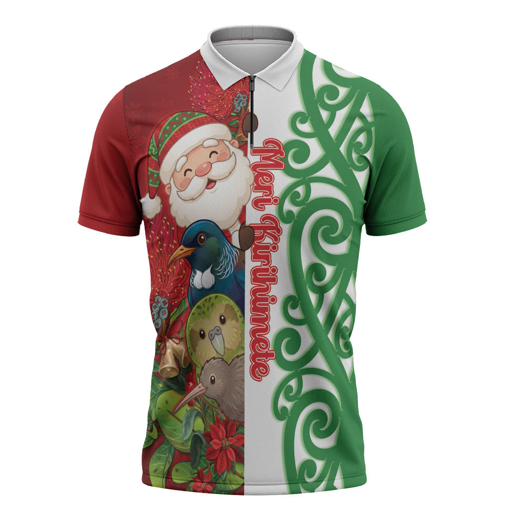 Meri Kirihimete New Zealand Personalised Zipper Polo Shirt Cute Santa NZ Animals and Pohutukawa LT14 Red - Polynesian Pride