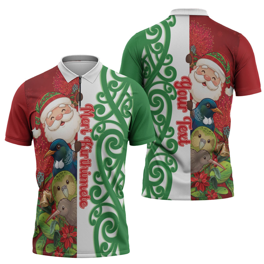 Meri Kirihimete New Zealand Personalised Zipper Polo Shirt Cute Santa NZ Animals and Pohutukawa LT14 - Polynesian Pride
