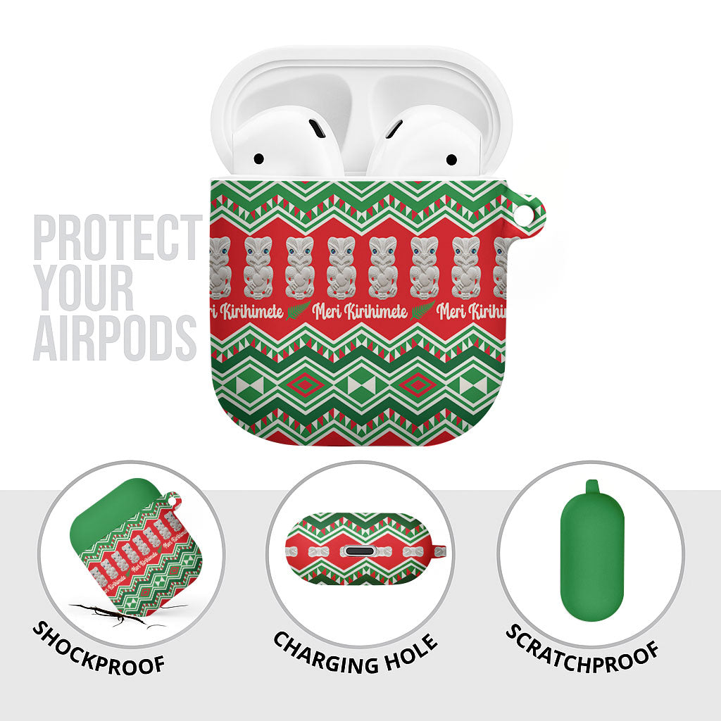 New Zealand Christmas In July AirPods Case Meri Kirihimete Hei Tiki Taniko Motifs Seamless LT14 - Polynesian Pride