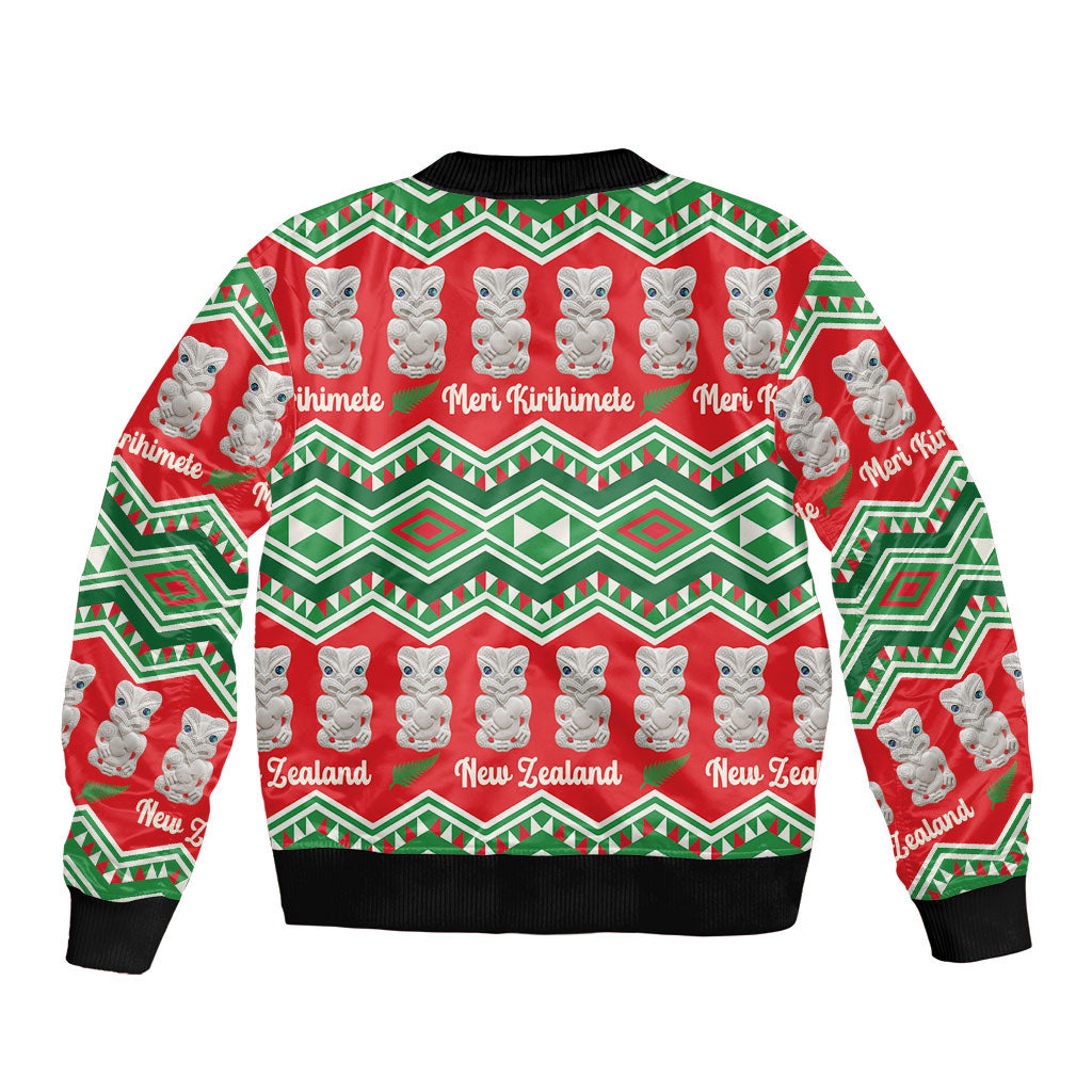 New Zealand Christmas In July Bomber Jacket Meri Kirihimete Hei Tiki Taniko Motifs Seamless LT14 - Polynesian Pride