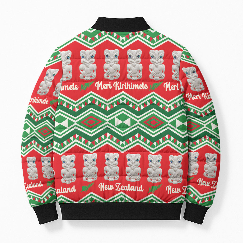 New Zealand Christmas In July Bomber Puffer Jacket Meri Kirihimete Hei Tiki Taniko Motifs Seamless LT14 - Polynesian Pride