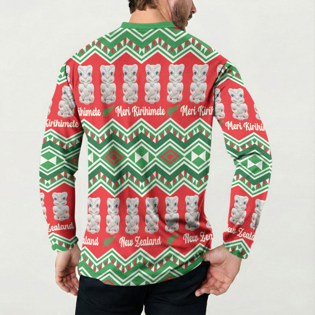 New Zealand Christmas In July Button Sweatshirt Meri Kirihimete Hei Tiki Taniko Motifs Seamless LT14 - Polynesian Pride