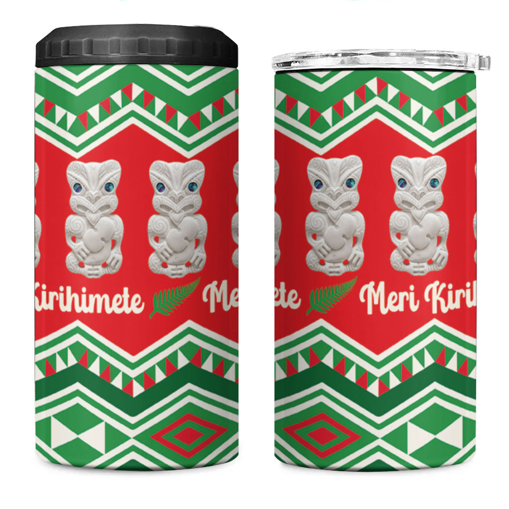 New Zealand Christmas In July 4 in 1 Can Cooler Tumbler Meri Kirihimete Hei Tiki Taniko Motifs Seamless LT14 One Size: 16 oz Red - Polynesian Pride