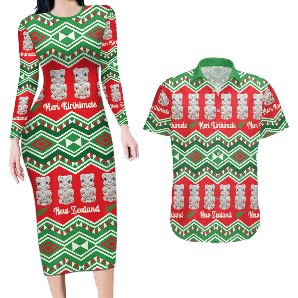New Zealand Christmas In July Couples Matching Long Sleeve Bodycon Dress and Hawaiian Shirt Meri Kirihimete Hei Tiki Taniko Motifs Seamless LT14 Red - Polynesian Pride