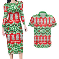 New Zealand Christmas In July Couples Matching Long Sleeve Bodycon Dress and Hawaiian Shirt Meri Kirihimete Hei Tiki Taniko Motifs Seamless LT14 Red - Polynesian Pride