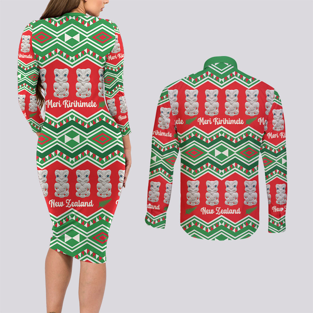 New Zealand Christmas In July Couples Matching Long Sleeve Bodycon Dress and Long Sleeve Button Shirt Meri Kirihimete Hei Tiki Taniko Motifs Seamless LT14 - Polynesian Pride