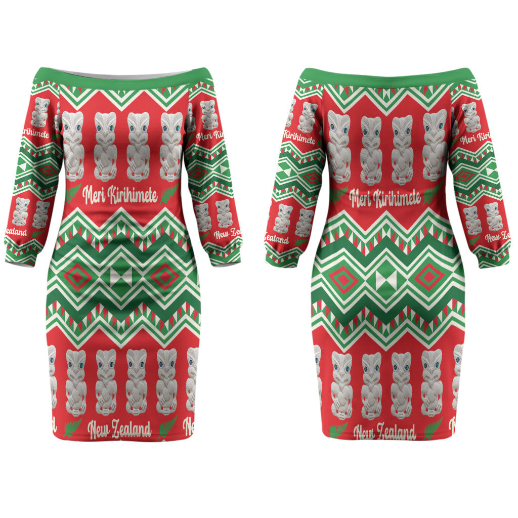New Zealand Christmas In July Couples Matching Off The Shoulder Long Sleeve Dress and Hawaiian Shirt Meri Kirihimete Hei Tiki Taniko Motifs Seamless LT14 - Polynesian Pride