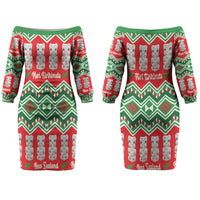 New Zealand Christmas In July Couples Matching Off The Shoulder Long Sleeve Dress and Hawaiian Shirt Meri Kirihimete Hei Tiki Taniko Motifs Seamless LT14 - Polynesian Pride