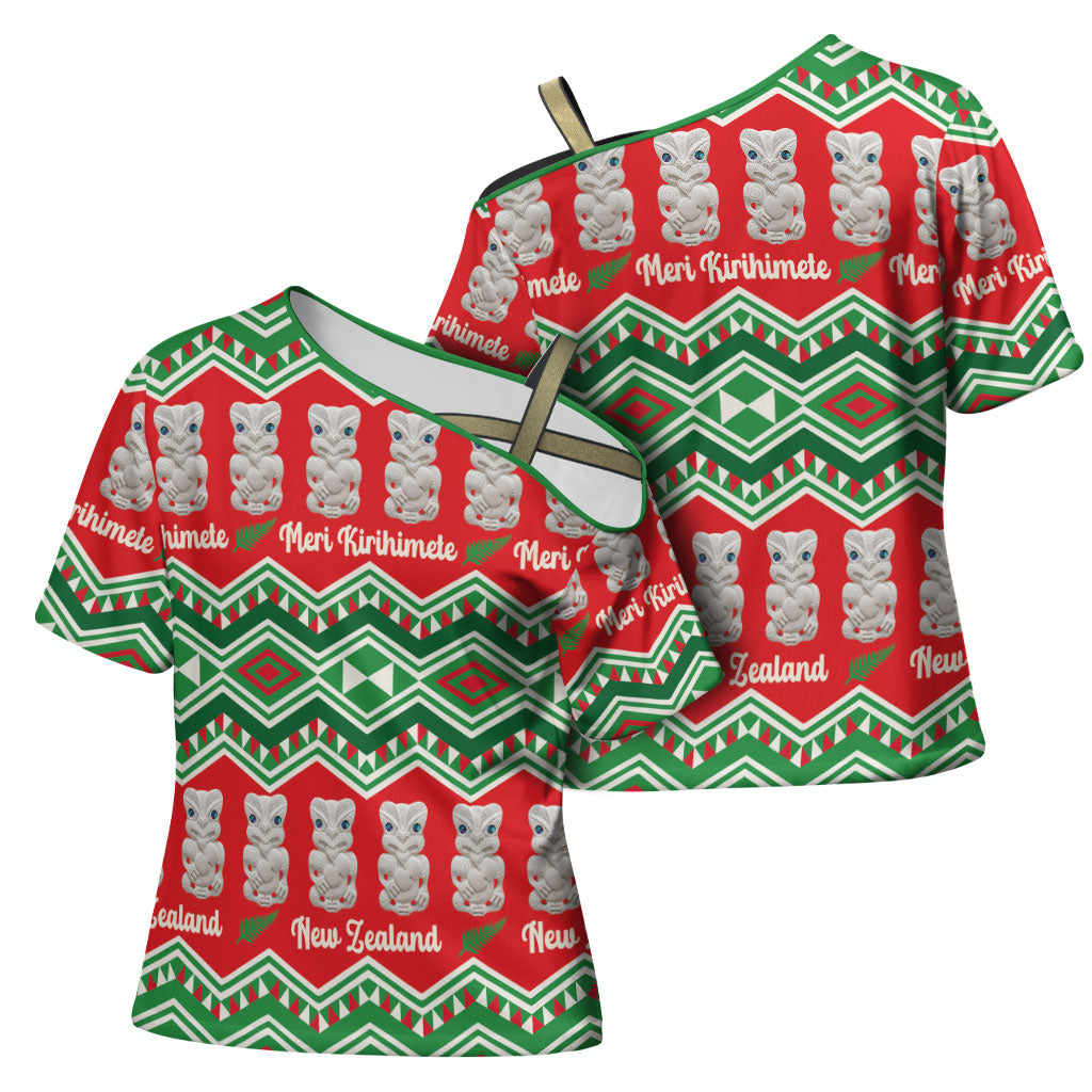 New Zealand Christmas In July Cross Shoulder Shirt Meri Kirihimete Hei Tiki Taniko Motifs Seamless LT14 - Polynesian Pride