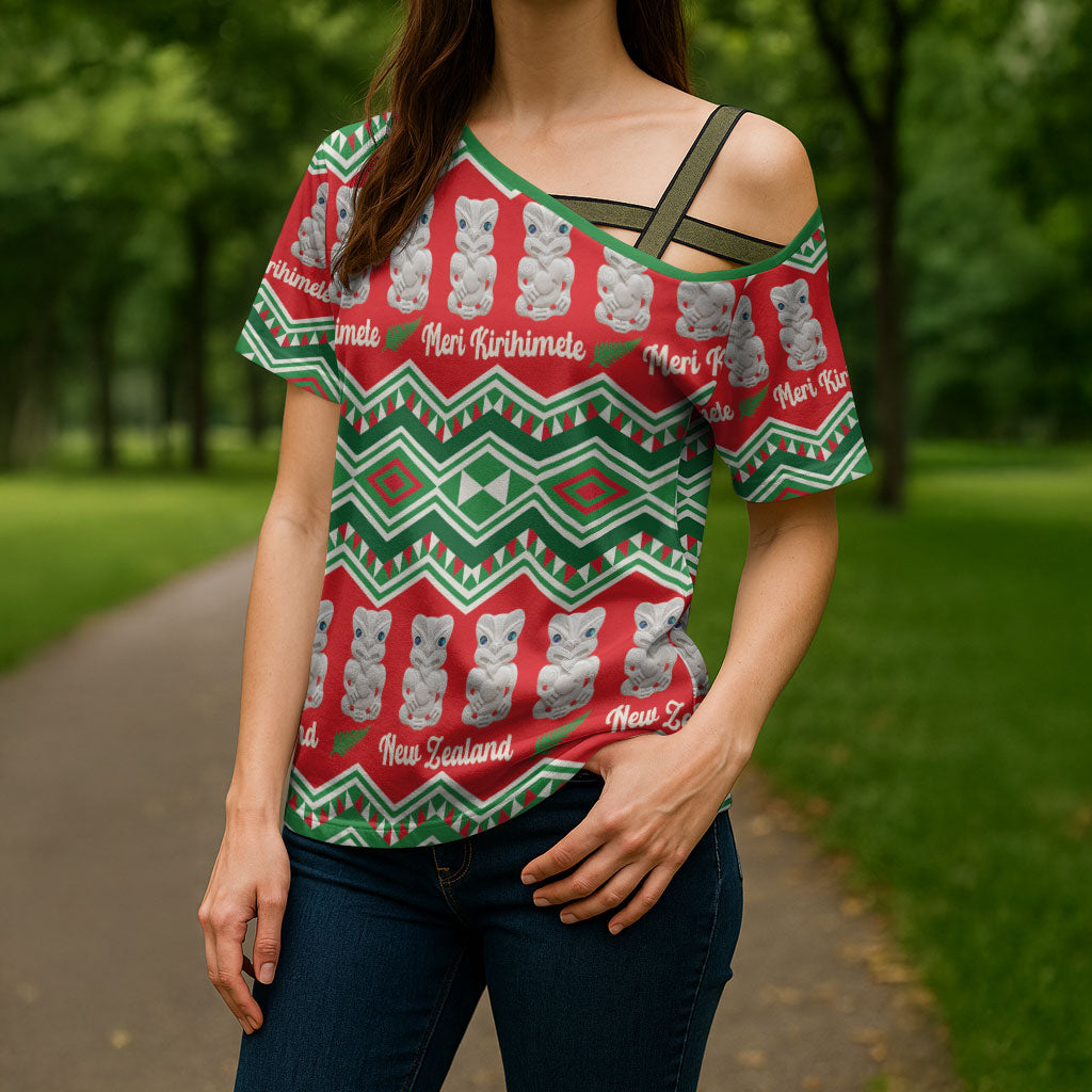 New Zealand Christmas In July Cross Shoulder Shirt Meri Kirihimete Hei Tiki Taniko Motifs Seamless LT14 - Polynesian Pride