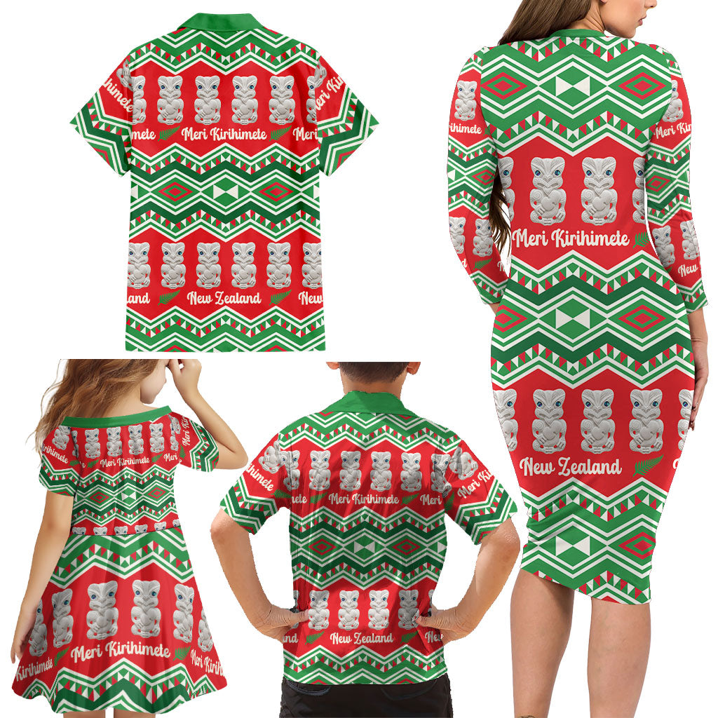 New Zealand Christmas In July Family Matching Long Sleeve Bodycon Dress and Hawaiian Shirt Meri Kirihimete Hei Tiki Taniko Motifs Seamless LT14 - Polynesian Pride