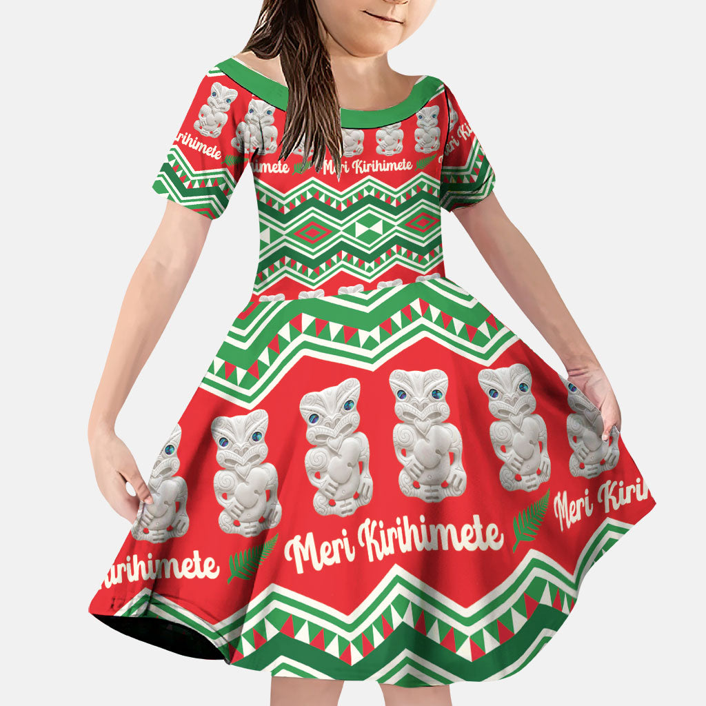 New Zealand Christmas In July Family Matching Mermaid Dress and Hawaiian Shirt Meri Kirihimete Hei Tiki Taniko Motifs Seamless LT14 Daughter's Dress Red - Polynesian Pride