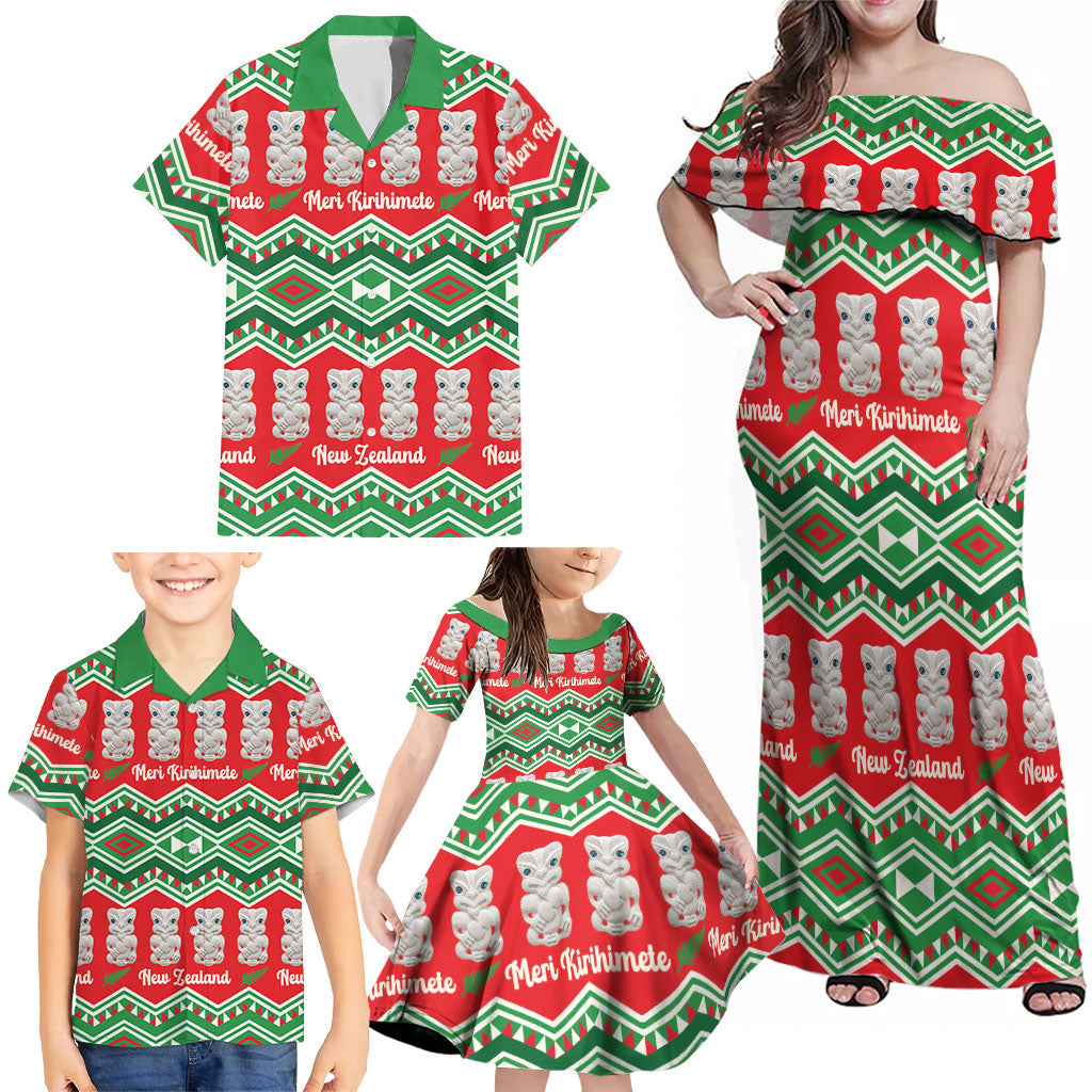 New Zealand Christmas In July Family Matching Off Shoulder Maxi Dress and Hawaiian Shirt Meri Kirihimete Hei Tiki Taniko Motifs Seamless LT14 - Polynesian Pride