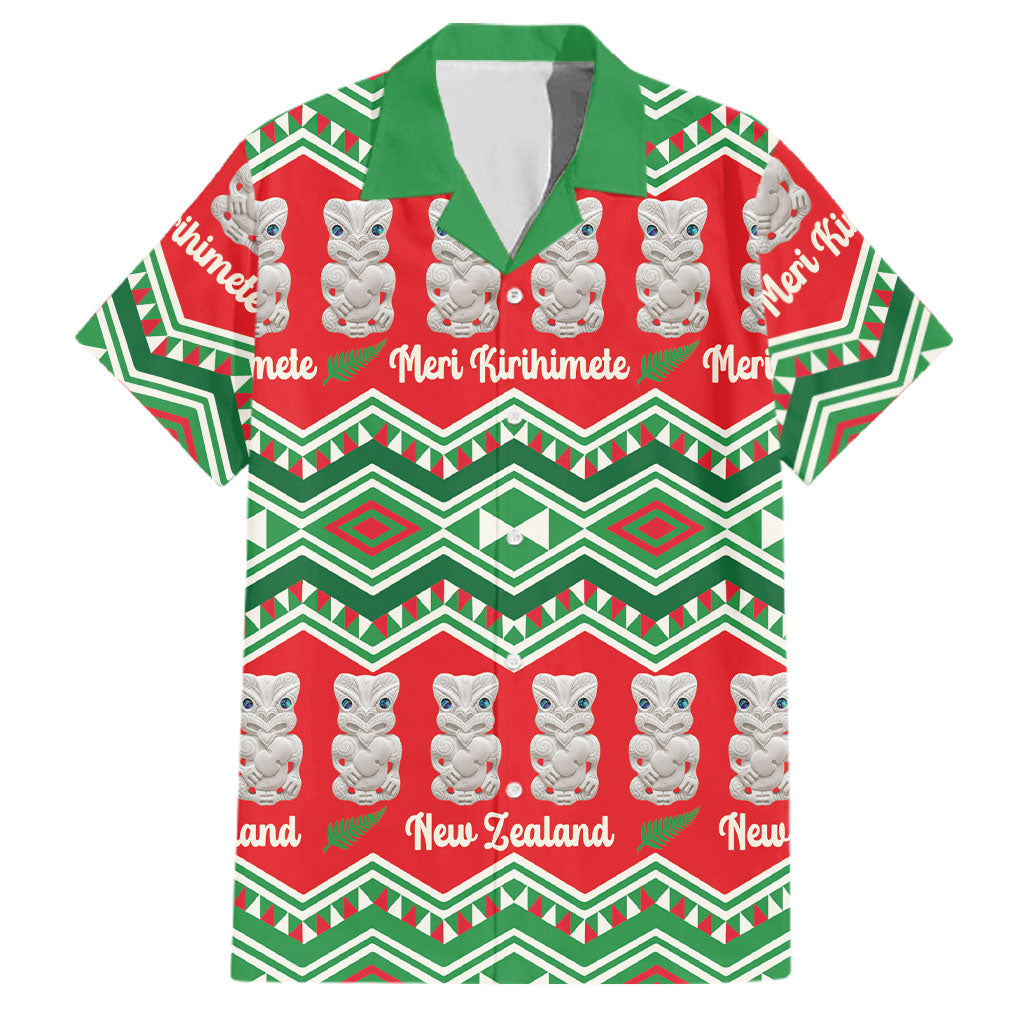 New Zealand Christmas In July Family Matching Puletasi and Hawaiian Shirt Meri Kirihimete Hei Tiki Taniko Motifs Seamless LT14 Dad's Shirt - Short Sleeve Red - Polynesian Pride