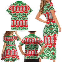 New Zealand Christmas In July Family Matching Short Sleeve Bodycon Dress and Hawaiian Shirt Meri Kirihimete Hei Tiki Taniko Motifs Seamless LT14 - Polynesian Pride