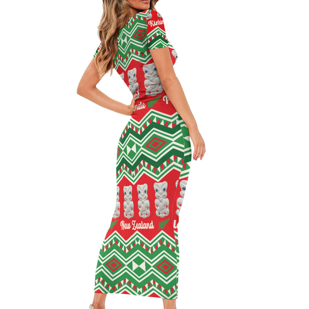 New Zealand Christmas In July Family Matching Short Sleeve Bodycon Dress and Hawaiian Shirt Meri Kirihimete Hei Tiki Taniko Motifs Seamless LT14 - Polynesian Pride