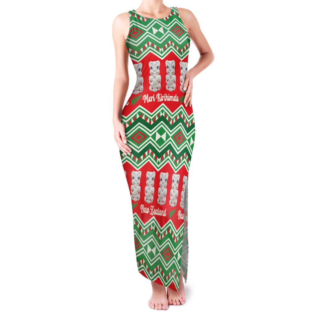New Zealand Christmas In July Family Matching Tank Maxi Dress and Hawaiian Shirt Meri Kirihimete Hei Tiki Taniko Motifs Seamless LT14 Mom's Dress Red - Polynesian Pride