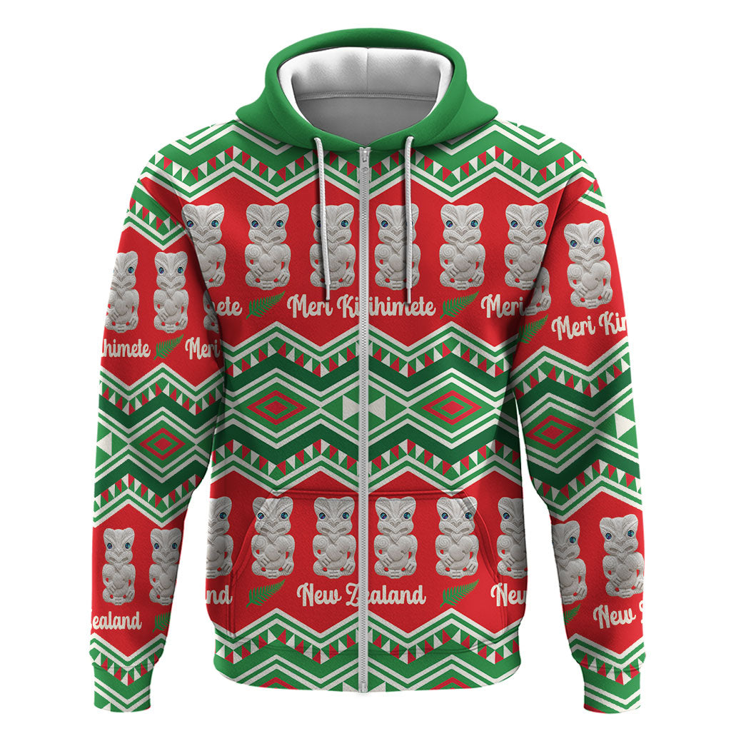 New Zealand Christmas In July Hoodie Meri Kirihimete Hei Tiki Taniko Motifs Seamless LT14 Zip Hoodie Red - Polynesian Pride