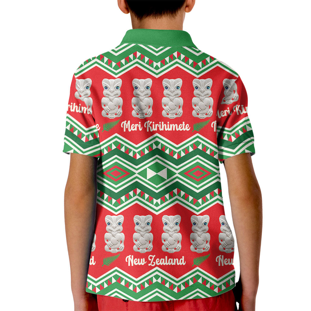 New Zealand Christmas In July Kid Polo Shirt Meri Kirihimete Hei Tiki Taniko Motifs Seamless LT14 - Polynesian Pride