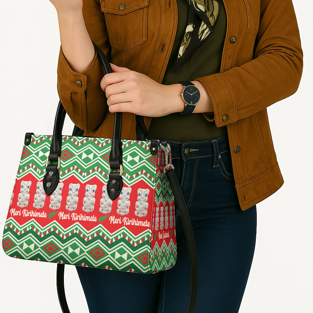 New Zealand Christmas In July Leather Bag Meri Kirihimete Hei Tiki Taniko Motifs Seamless LT14 - Polynesian Pride
