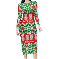 New Zealand Christmas In July Long Sleeve Bodycon Dress Meri Kirihimete Hei Tiki Taniko Motifs Seamless LT14 Long Dress Red - Polynesian Pride