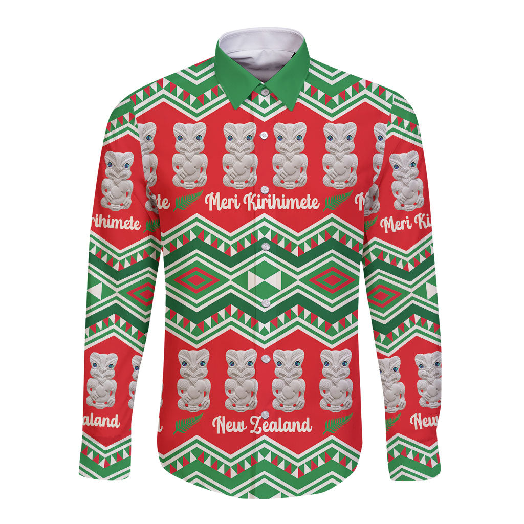 New Zealand Christmas In July Long Sleeve Button Shirt Meri Kirihimete Hei Tiki Taniko Motifs Seamless LT14 Unisex Red - Polynesian Pride