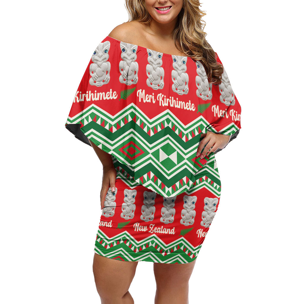 New Zealand Christmas In July Off Shoulder Short Dress Meri Kirihimete Hei Tiki Taniko Motifs Seamless LT14 Women Red - Polynesian Pride