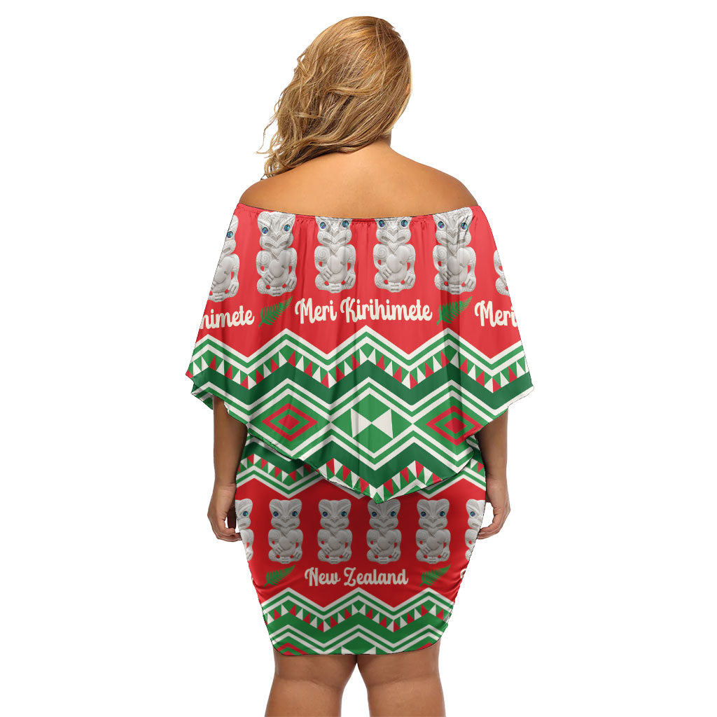 New Zealand Christmas In July Off Shoulder Short Dress Meri Kirihimete Hei Tiki Taniko Motifs Seamless LT14 - Polynesian Pride