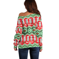 New Zealand Christmas In July Off Shoulder Sweater Meri Kirihimete Hei Tiki Taniko Motifs Seamless LT14 - Polynesian Pride