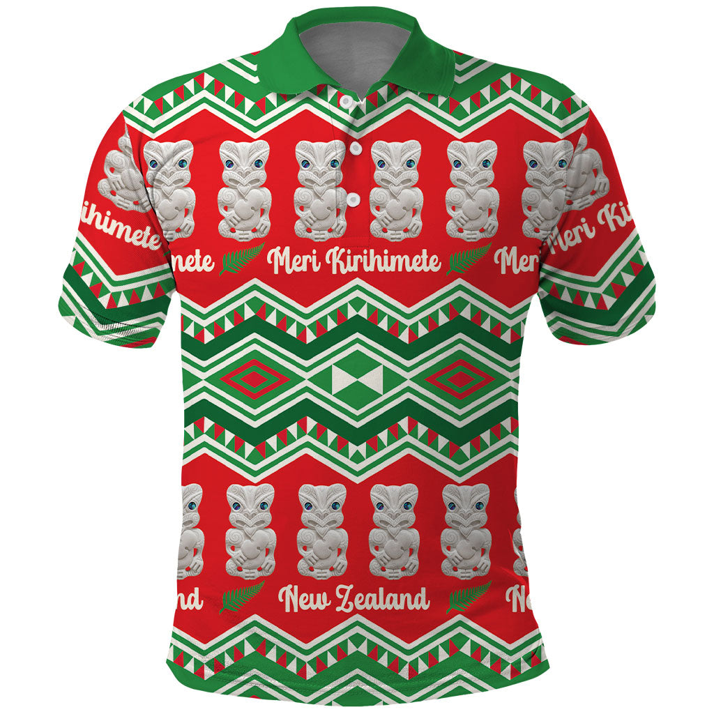 New Zealand Christmas In July Polo Shirt Meri Kirihimete Hei Tiki Taniko Motifs Seamless LT14 Red - Polynesian Pride