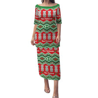 New Zealand Christmas In July Puletasi Meri Kirihimete Hei Tiki Taniko Motifs Seamless LT14 Long Dress Red - Polynesian Pride