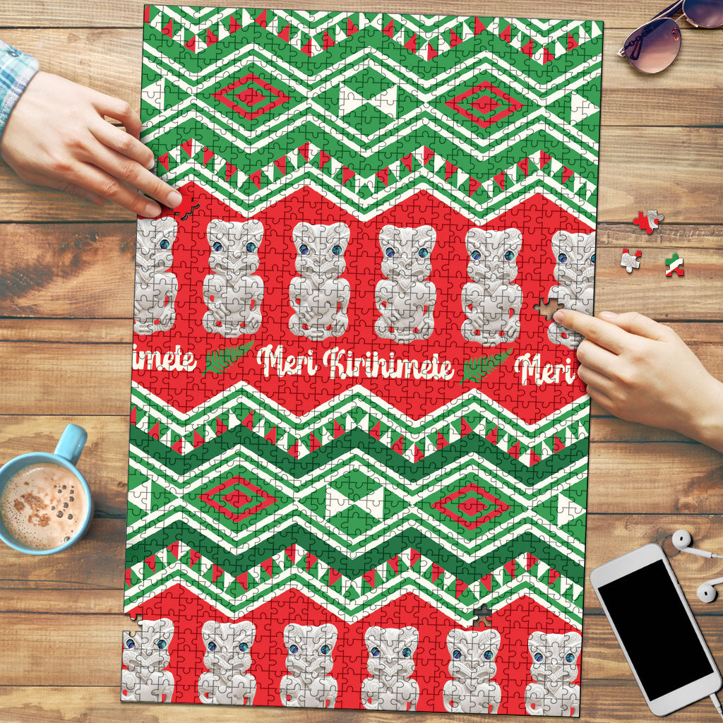 New Zealand Christmas In July Puzzle Meri Kirihimete Hei Tiki Taniko Motifs Seamless LT14 Red - Polynesian Pride