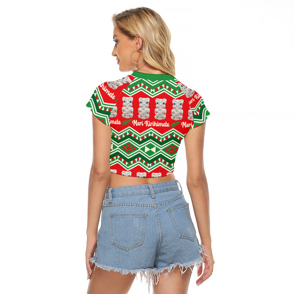 New Zealand Christmas In July Raglan Cropped T Shirt Meri Kirihimete Hei Tiki Taniko Motifs Seamless LT14 - Polynesian Pride