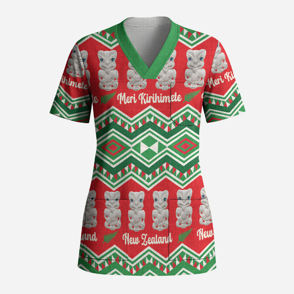 New Zealand Christmas In July Scrub Top Meri Kirihimete Hei Tiki Taniko Motifs Seamless LT14 Adult Red - Polynesian Pride