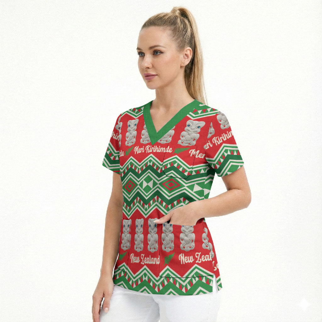 New Zealand Christmas In July Scrub Top Meri Kirihimete Hei Tiki Taniko Motifs Seamless LT14 - Polynesian Pride