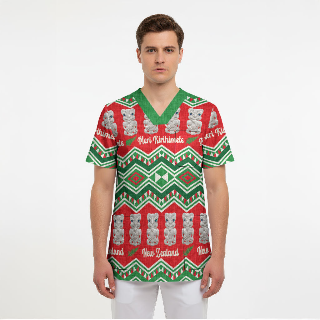 New Zealand Christmas In July Scrub Top Meri Kirihimete Hei Tiki Taniko Motifs Seamless LT14 - Polynesian Pride