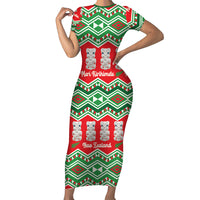 New Zealand Christmas In July Short Sleeve Bodycon Dress Meri Kirihimete Hei Tiki Taniko Motifs Seamless LT14 Long Dress Red - Polynesian Pride