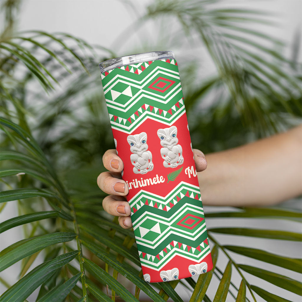 New Zealand Christmas In July Skinny Tumbler Meri Kirihimete Hei Tiki Taniko Motifs Seamless LT14 - Polynesian Pride