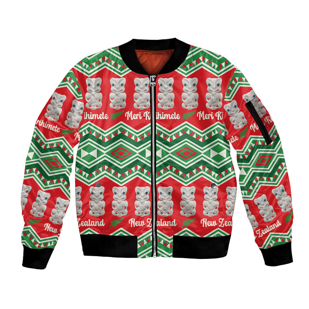 New Zealand Christmas In July Sleeve Zip Bomber Jacket Meri Kirihimete Hei Tiki Taniko Motifs Seamless LT14 Unisex Red - Polynesian Pride